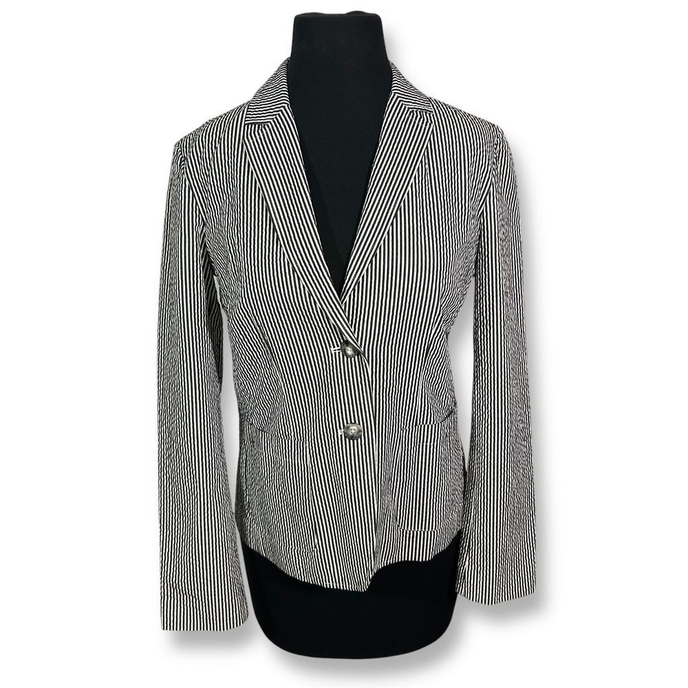 EUC LL Bean Signature Striped Blazer Cotton Career Jacket Black‎ White Womens 4